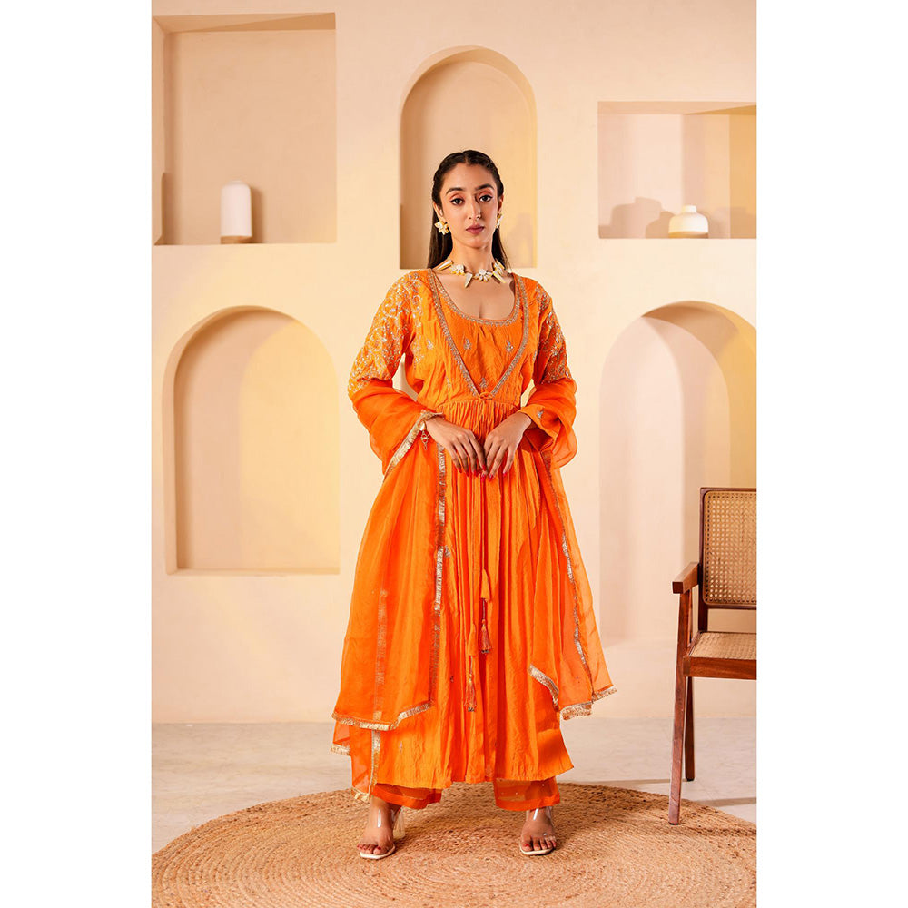 Firann By Shaheen Orange Anarkali with Palazzo and Dupatta (Set of 3)