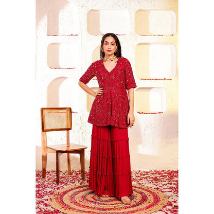 Firann By Shaheen Red Peplum Top with Sharara (Set of 2)