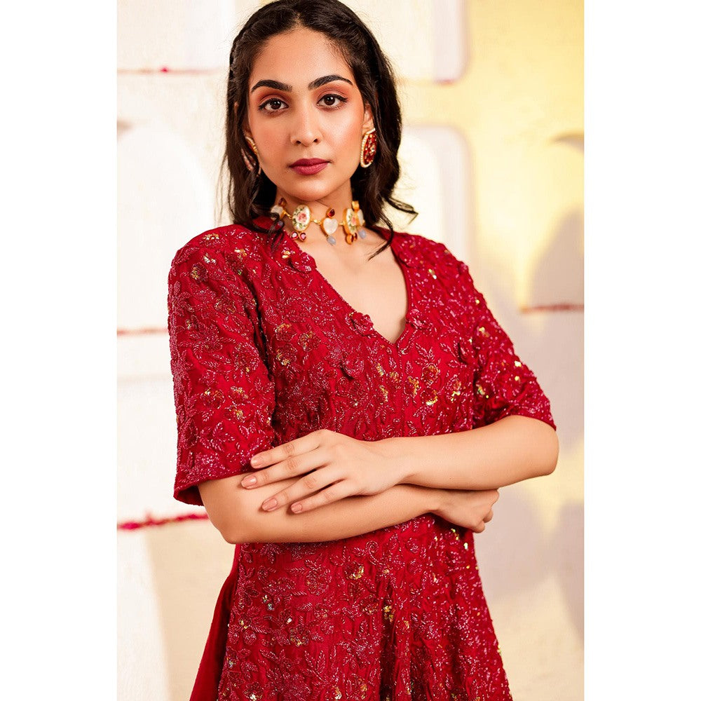 Firann By Shaheen Red Peplum Top with Sharara (Set of 2)