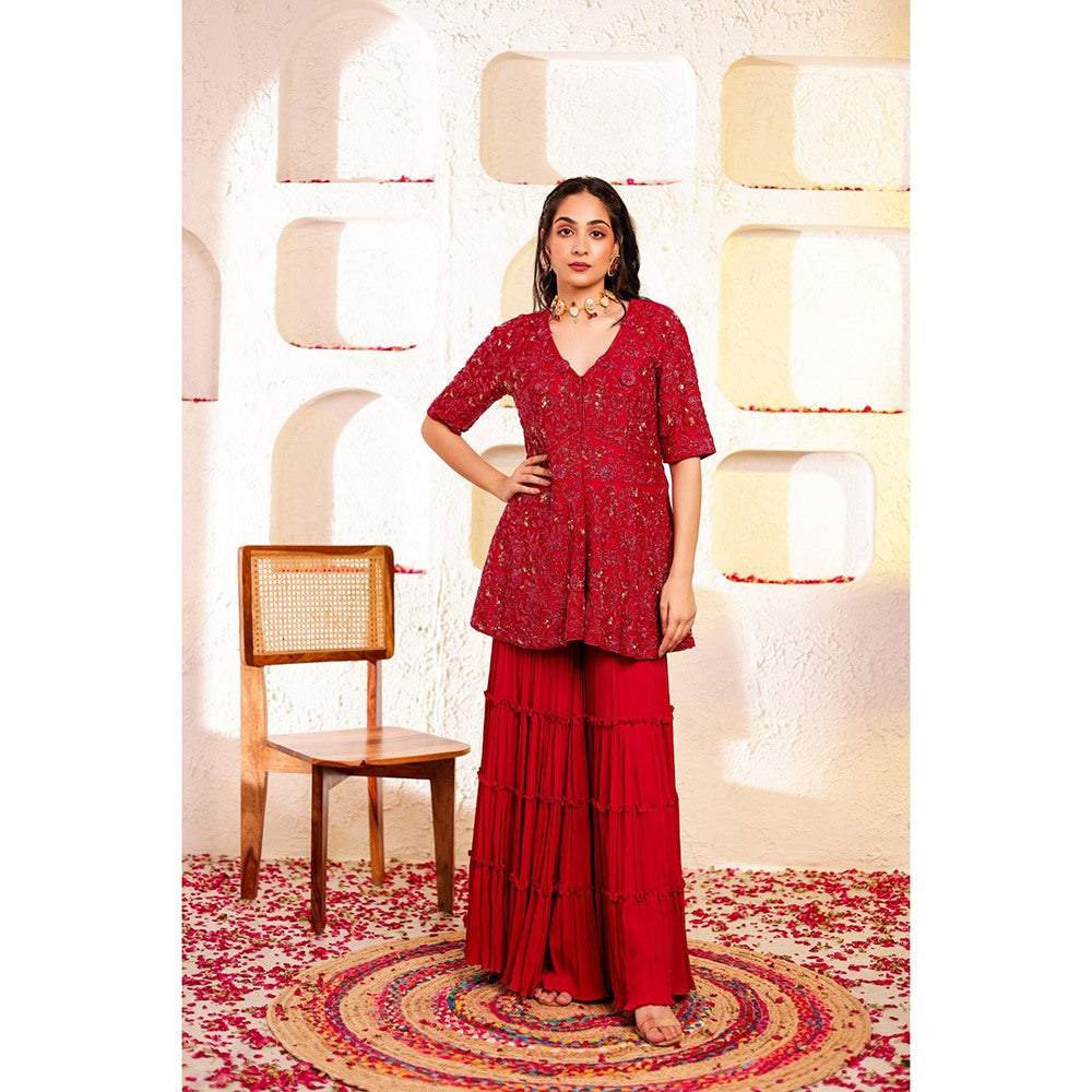 Firann By Shaheen Red Peplum Top with Sharara (Set of 2)