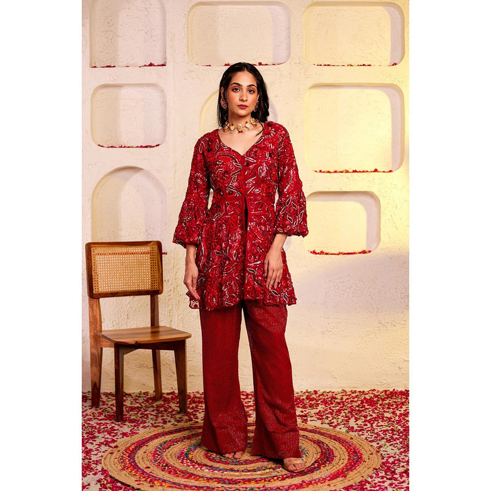 Firann By Shaheen Red Peplum Top with Palazzo (Set of 2)