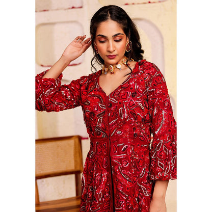 Firann By Shaheen Red Peplum Top with Palazzo (Set of 2)