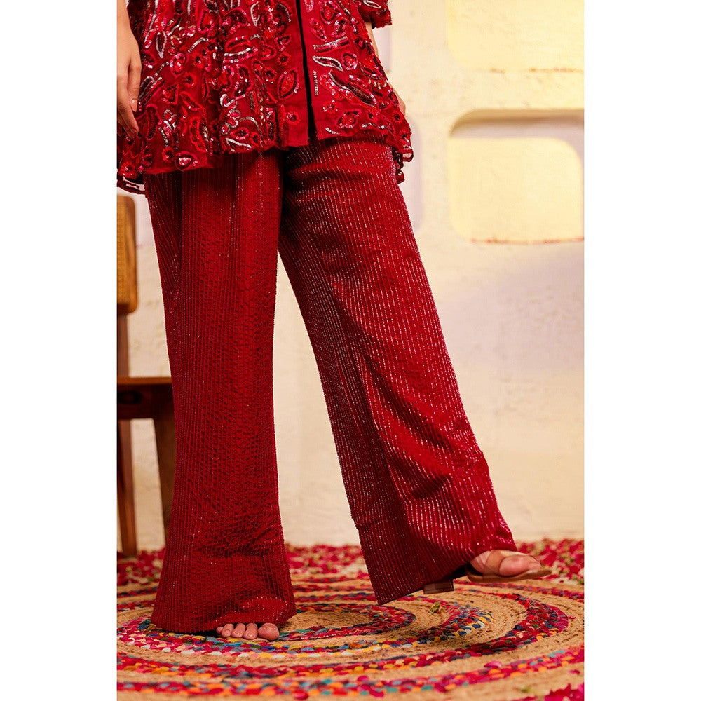 Firann By Shaheen Red Peplum Top with Palazzo (Set of 2)