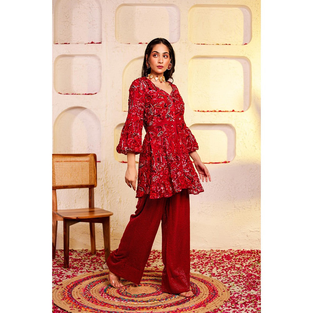 Firann By Shaheen Red Peplum Top with Palazzo (Set of 2)