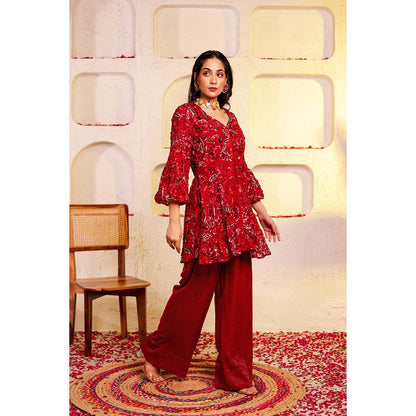 Firann By Shaheen Red Peplum Top with Palazzo (Set of 2)