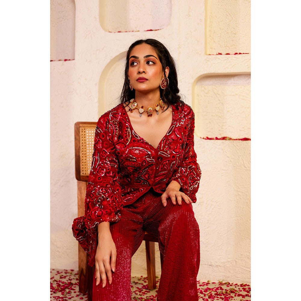 Firann By Shaheen Red Peplum Top with Palazzo (Set of 2)