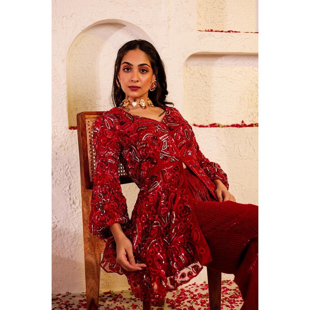 Firann By Shaheen Red Peplum Top with Palazzo (Set of 2)