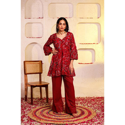 Firann By Shaheen Red Peplum Top with Palazzo (Set of 2)