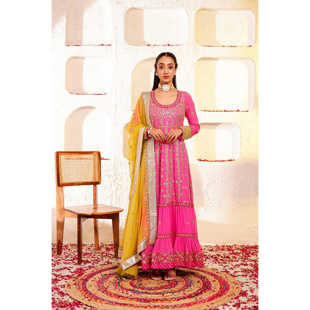 Firann By Shaheen Pink Anarkali with Churidar and Dupatta (Set of 3)