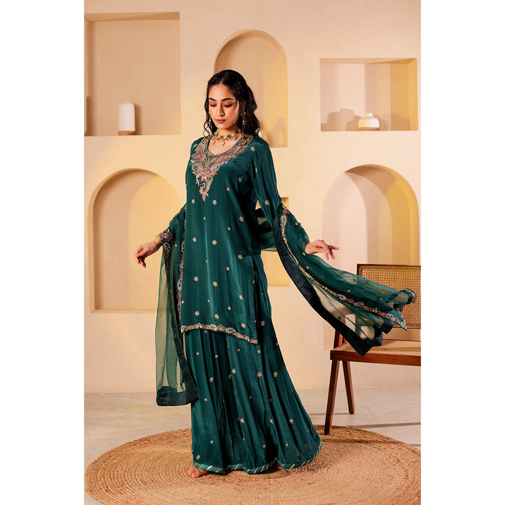 Firann By Shaheen Green Short Kurta with Palazzo and Dupatta (Set of 3)