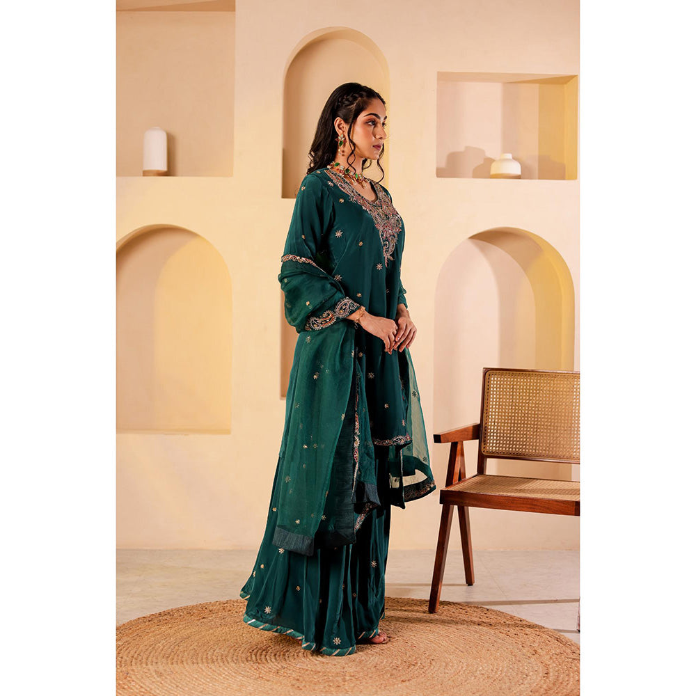 Firann By Shaheen Green Short Kurta with Palazzo and Dupatta (Set of 3)