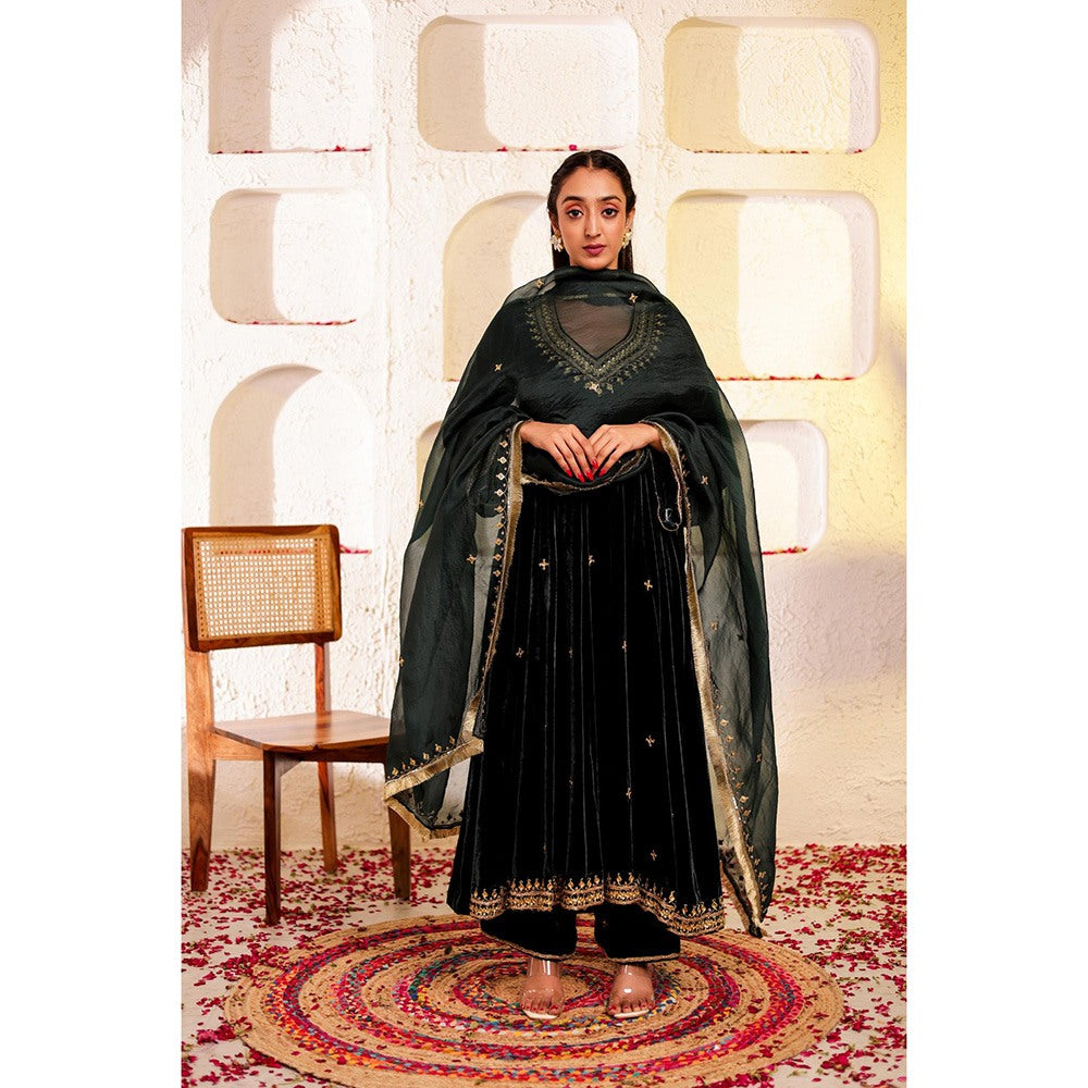 Firann By Shaheen Green Anarkali with Palazzo and Dupatta (Set of 3)