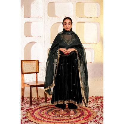 Firann By Shaheen Green Anarkali with Palazzo and Dupatta (Set of 3)