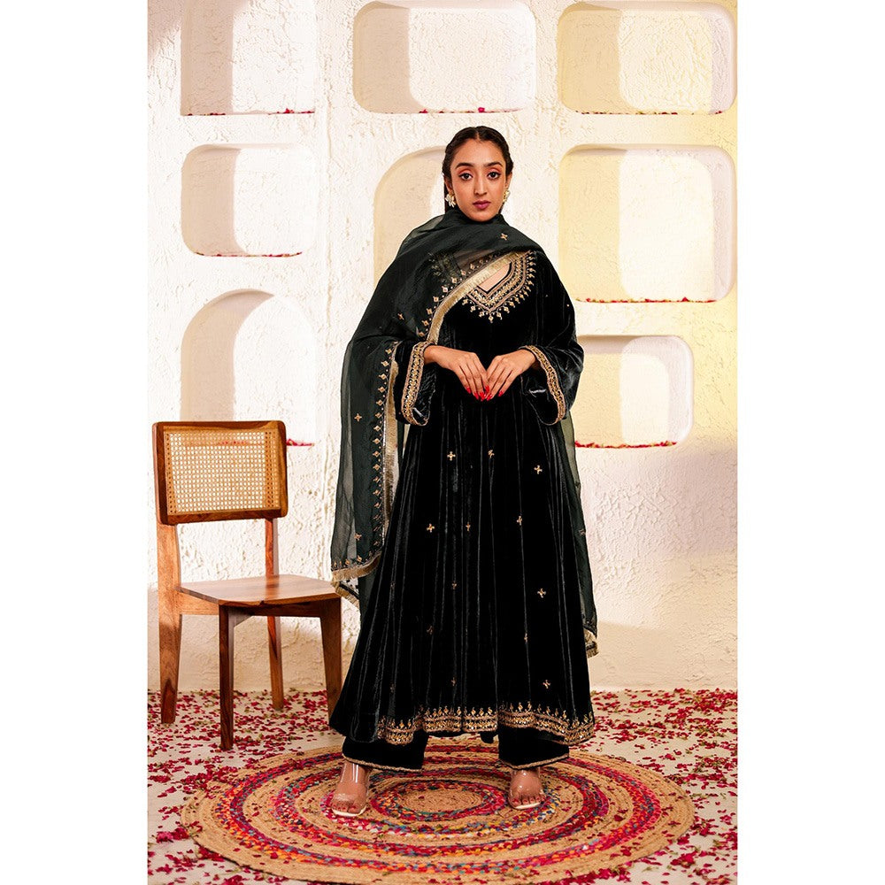 Firann By Shaheen Green Anarkali with Palazzo and Dupatta (Set of 3)