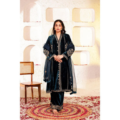 Firann By Shaheen Teal Kurta with Palazzo and Dupatta (Set of 3)