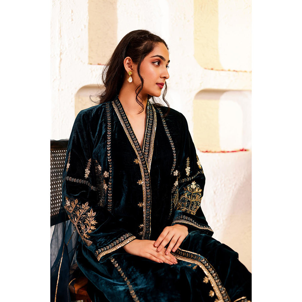 Firann By Shaheen Teal Kurta with Palazzo and Dupatta (Set of 3)