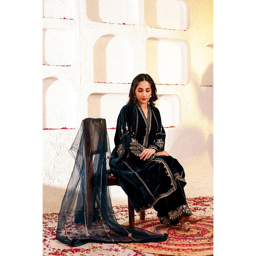 Firann By Shaheen Teal Kurta with Palazzo and Dupatta (Set of 3)