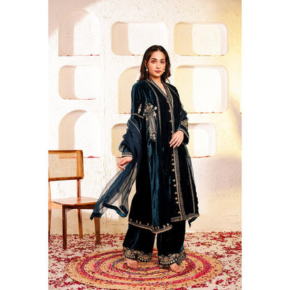 Firann By Shaheen Teal Kurta with Palazzo and Dupatta (Set of 3)