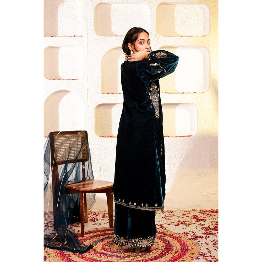 Firann By Shaheen Teal Kurta with Palazzo and Dupatta (Set of 3)