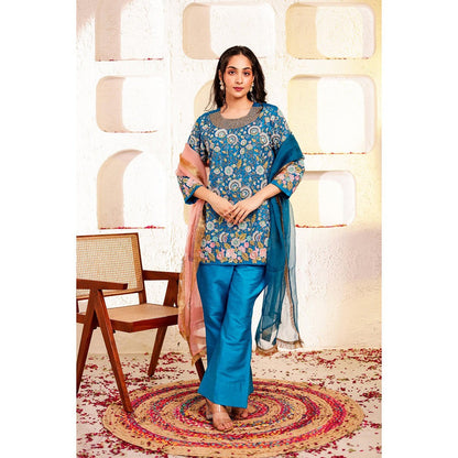 Firann By Shaheen Blue Short Kurta and Palazzo and Dupatta (Set of 3)