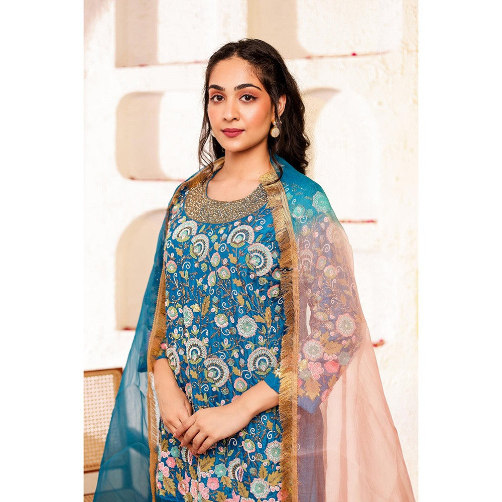 Firann By Shaheen Blue Short Kurta and Palazzo and Dupatta (Set of 3)