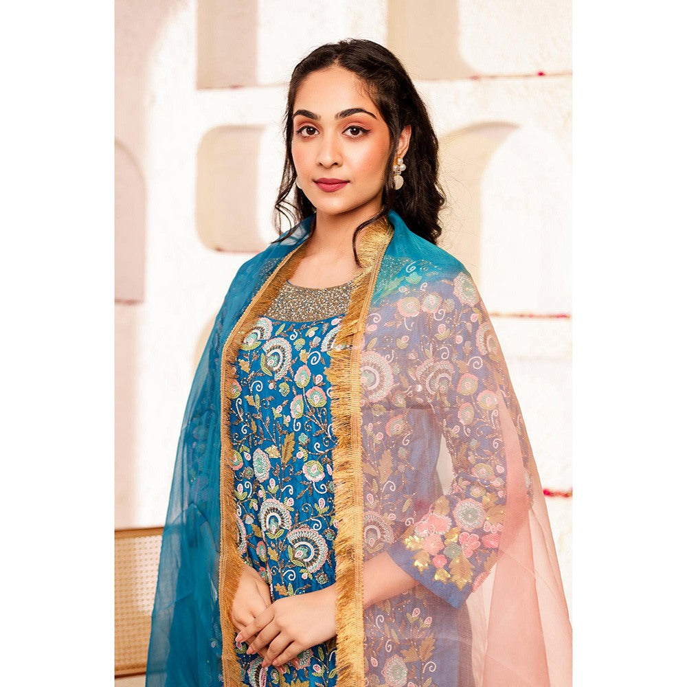 Firann By Shaheen Blue Short Kurta and Palazzo and Dupatta (Set of 3)