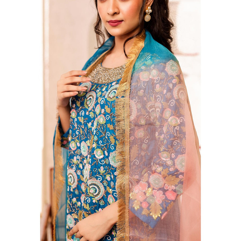 Firann By Shaheen Blue Short Kurta and Palazzo and Dupatta (Set of 3)