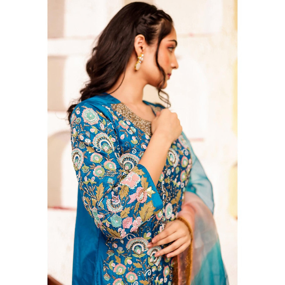 Firann By Shaheen Blue Short Kurta and Palazzo and Dupatta (Set of 3)