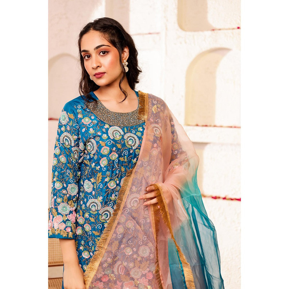 Firann By Shaheen Blue Short Kurta and Palazzo and Dupatta (Set of 3)