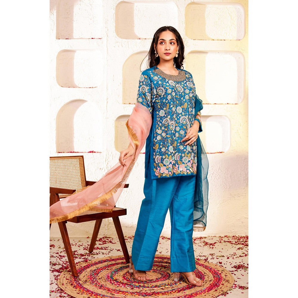 Firann By Shaheen Blue Short Kurta and Palazzo and Dupatta (Set of 3)