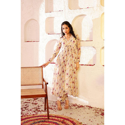 Firann By Shaheen Beige Anarkali with Pant (Set of 2)