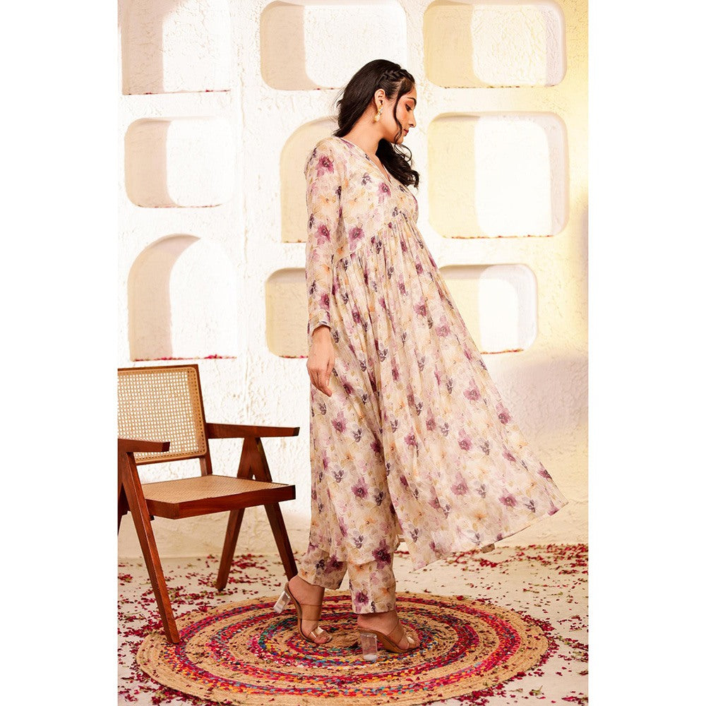 Firann By Shaheen Beige Anarkali with Pant (Set of 2)