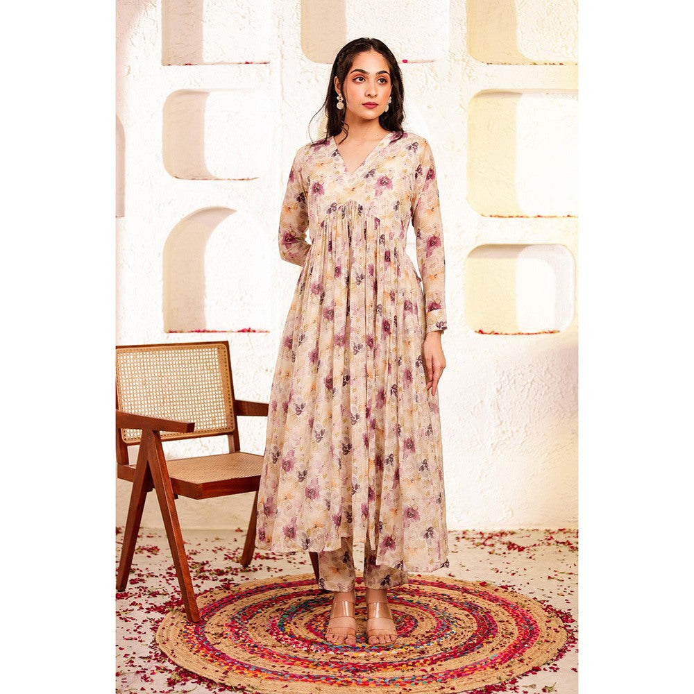 Firann By Shaheen Beige Anarkali with Pant (Set of 2)