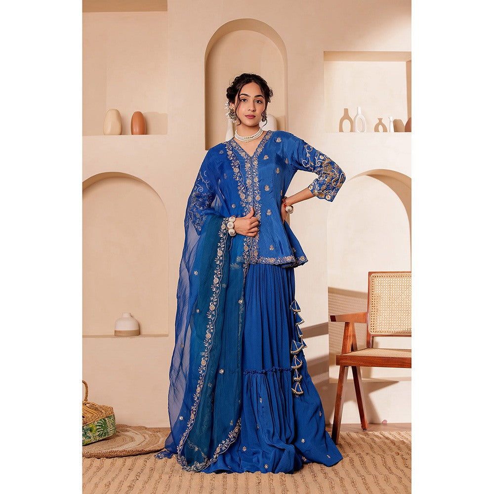 Firann By Shaheen Blue Lehenga with Peplum Top and Dupatta (Set of 3)