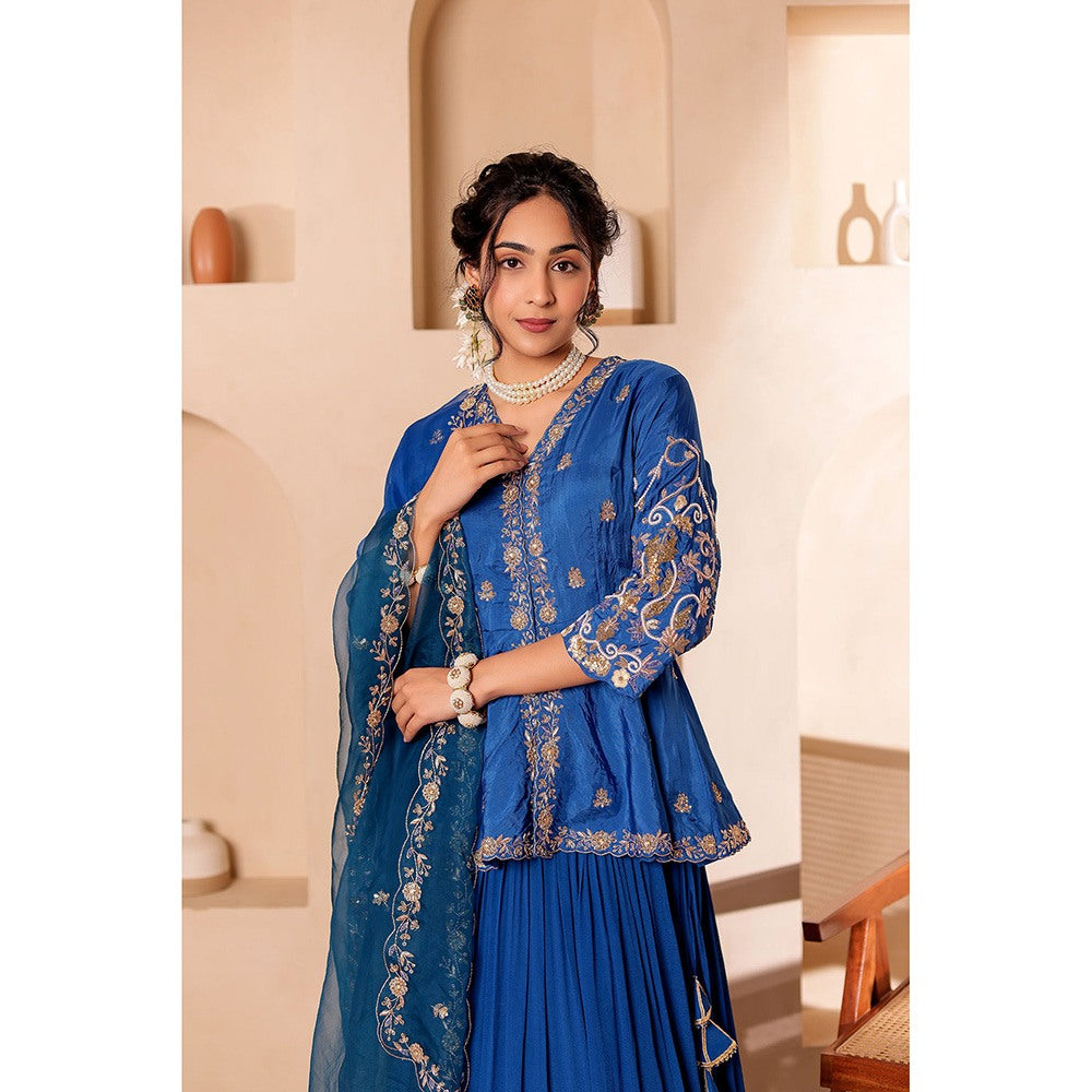 Firann By Shaheen Blue Lehenga with Peplum Top and Dupatta (Set of 3)