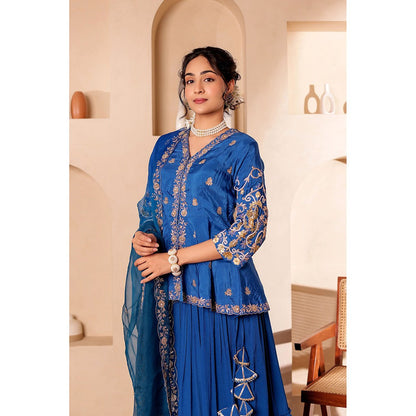 Firann By Shaheen Blue Lehenga with Peplum Top and Dupatta (Set of 3)