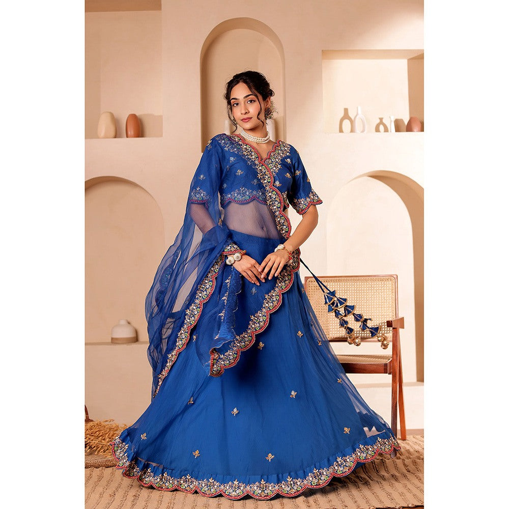 Firann By Shaheen Blue Lehenga with Blouse and Dupatta (Set of 3)