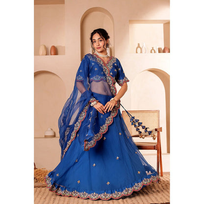 Firann By Shaheen Blue Lehenga with Blouse and Dupatta (Set of 3)