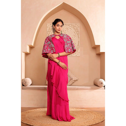Firann By Shaheen Pink Pre-Draped Saree with Stitched Blouse and Cape