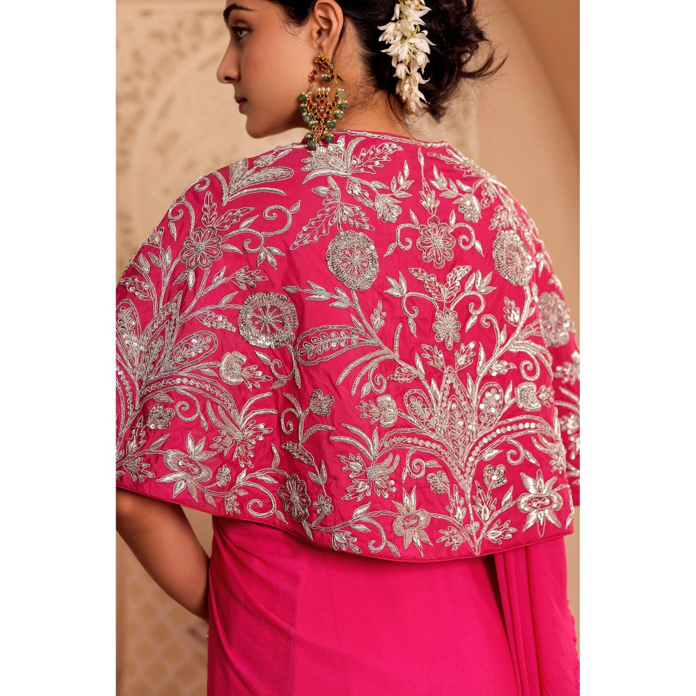 Firann By Shaheen Pink Pre-Draped Saree with Stitched Blouse and Cape