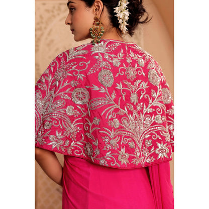 Firann By Shaheen Pink Pre-Draped Saree with Stitched Blouse and Cape