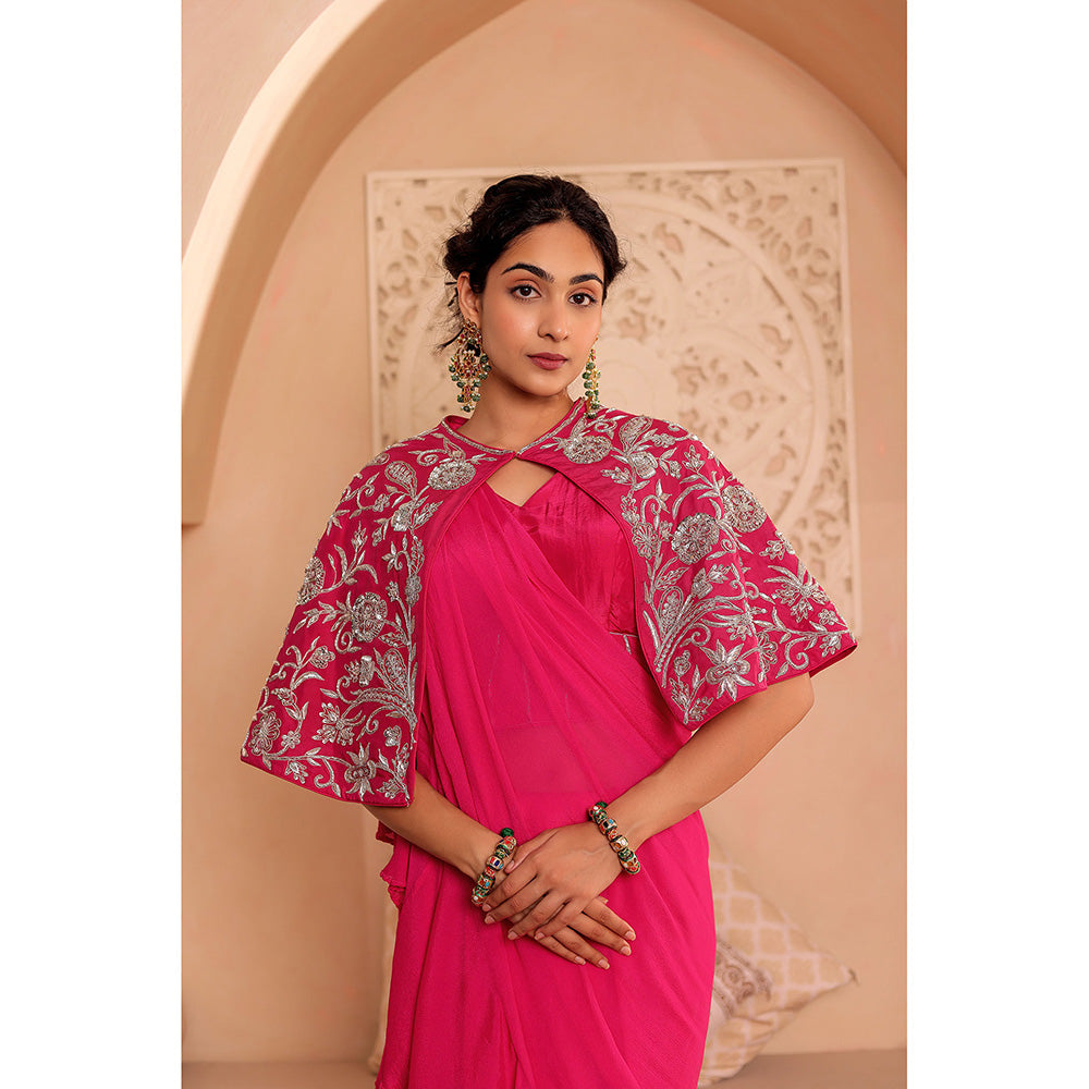 Firann By Shaheen Pink Pre-Draped Saree with Stitched Blouse and Cape