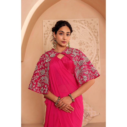 Firann By Shaheen Pink Pre-Draped Saree with Stitched Blouse and Cape