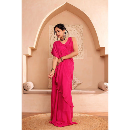 Firann By Shaheen Pink Pre-Draped Saree with Stitched Blouse and Cape