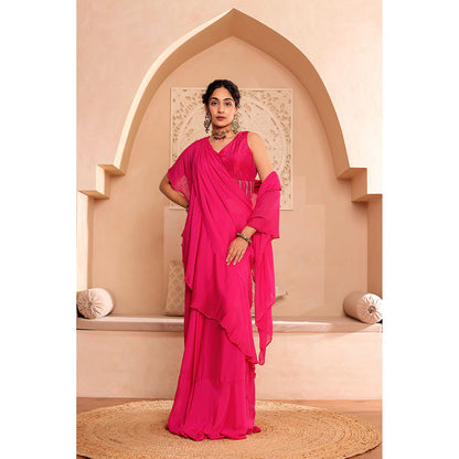 Firann By Shaheen Pink Pre-Draped Saree with Stitched Blouse and Cape