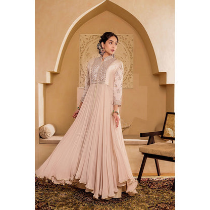 Firann By Shaheen Beige Indo Western Anarkali Kurta with Lehenga (Set of 2)