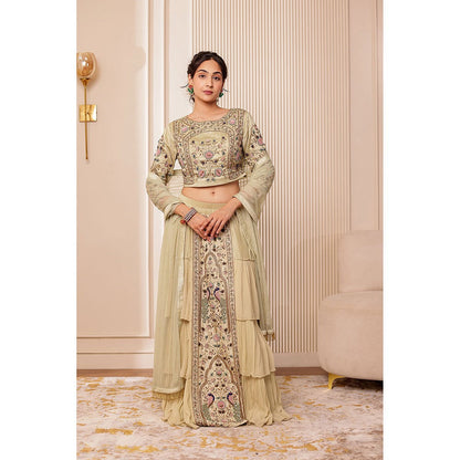 Firann By Shaheen Beige Lehenga with Blouse and Dupatta (Set of 3)