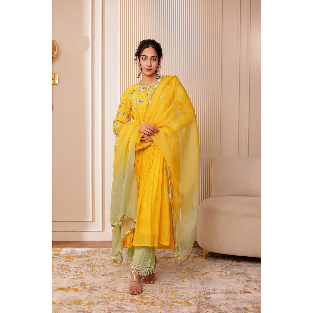 Firann By Shaheen Yellow Anarkali with Palazzo and Dupatta (Set of 3)