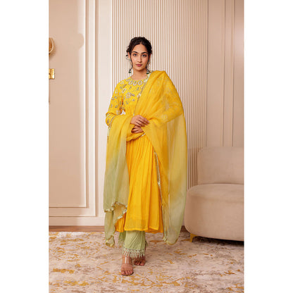 Firann By Shaheen Yellow Anarkali with Palazzo and Dupatta (Set of 3)
