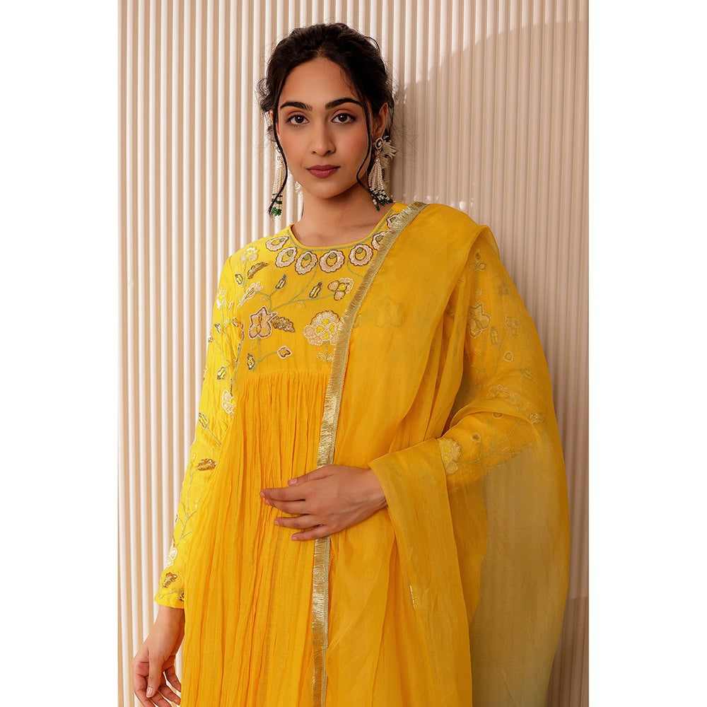 Firann By Shaheen Yellow Anarkali with Palazzo and Dupatta (Set of 3)